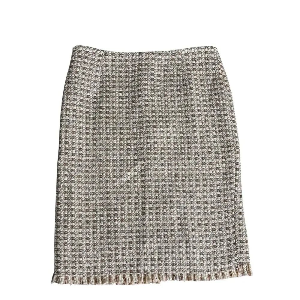 Womens Trina Turk Fringe Hem Lined Midi Skirt Multicolor Tweed Wool Blend Size 2